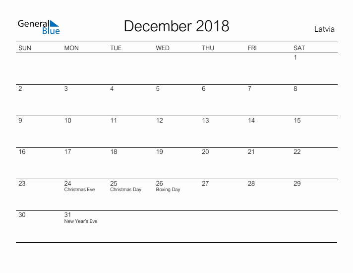 Printable December 2018 Calendar for Latvia