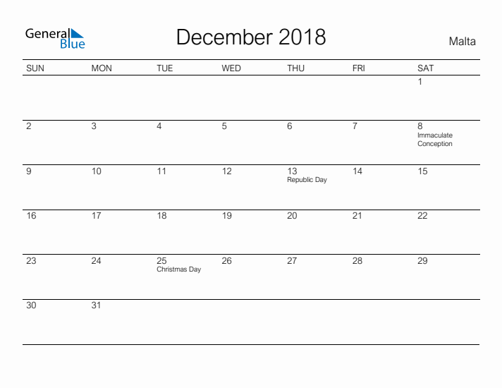 Printable December 2018 Calendar for Malta