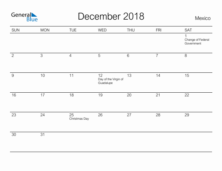 Printable December 2018 Calendar for Mexico