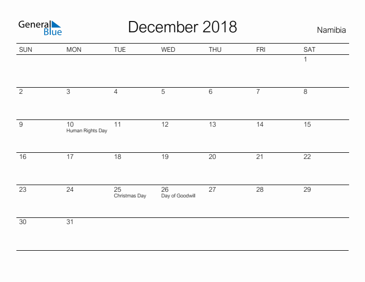 Printable December 2018 Calendar for Namibia