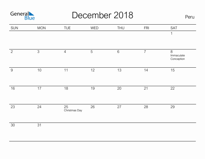 Printable December 2018 Calendar for Peru