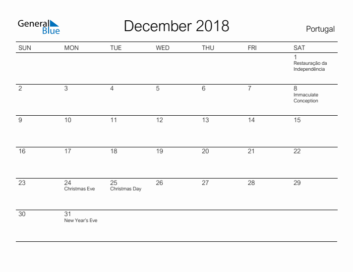Printable December 2018 Calendar for Portugal