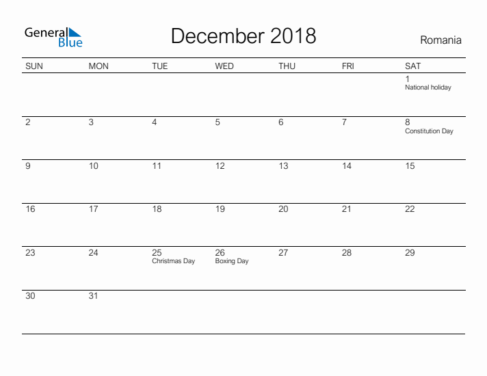 Printable December 2018 Calendar for Romania