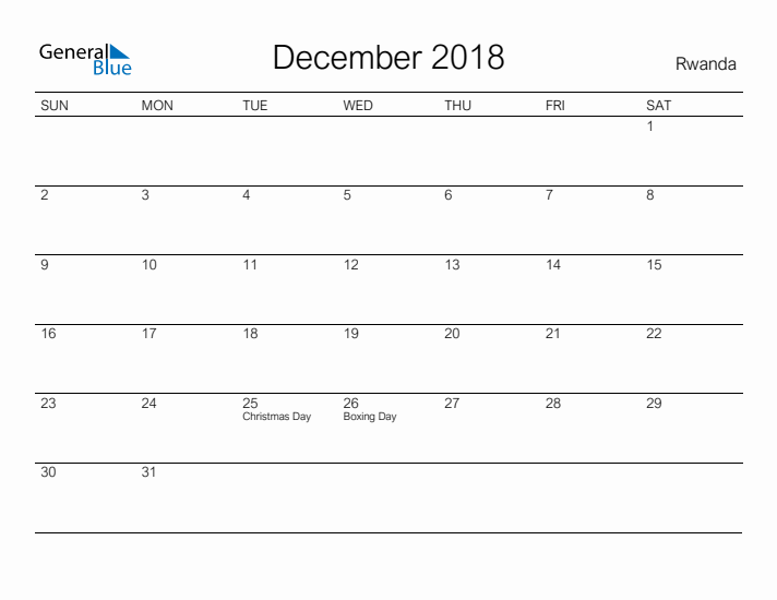 Printable December 2018 Calendar for Rwanda