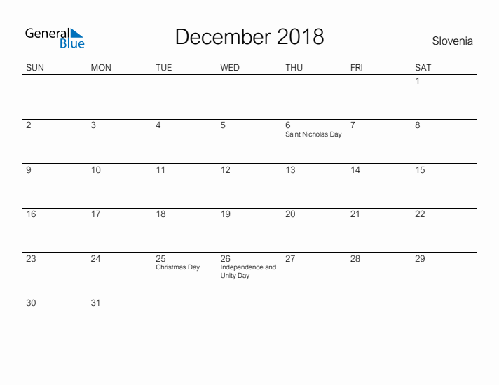 Printable December 2018 Calendar for Slovenia