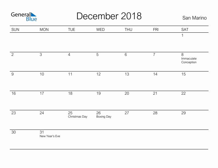 Printable December 2018 Calendar for San Marino