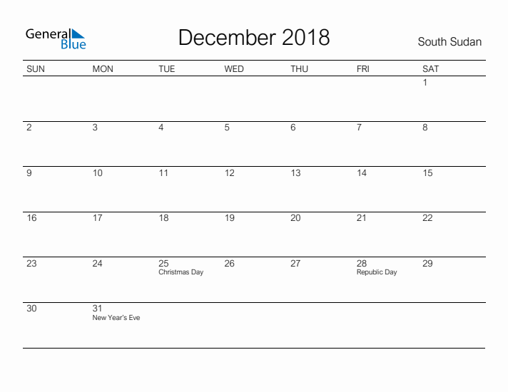 Printable December 2018 Calendar for South Sudan