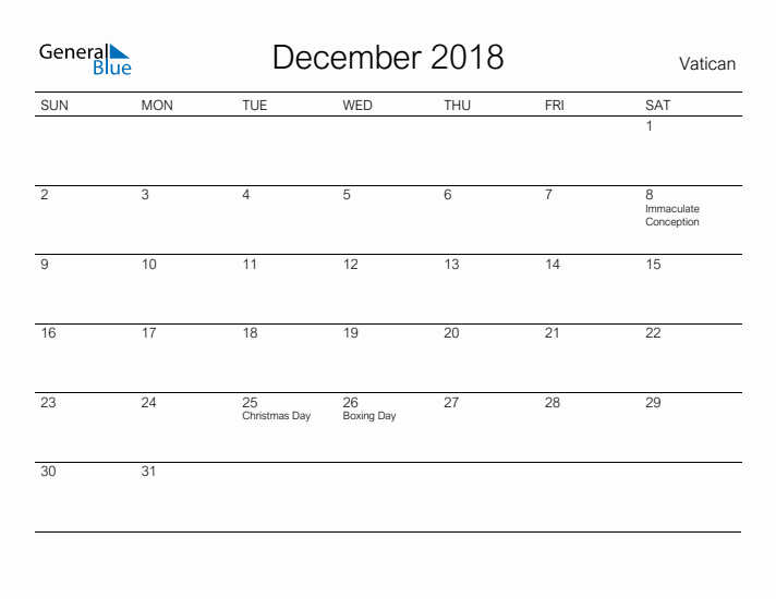 Printable December 2018 Calendar for Vatican