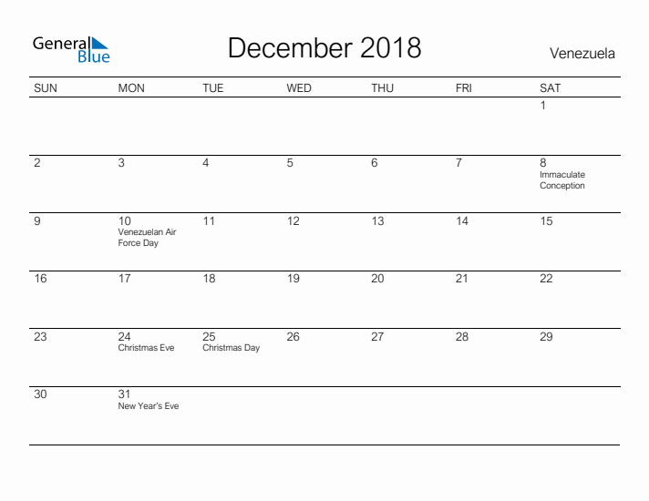 Printable December 2018 Calendar for Venezuela