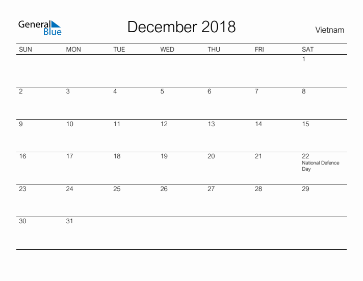Printable December 2018 Calendar for Vietnam