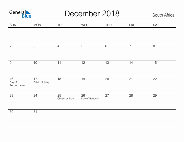 Printable December 2018 Calendar for South Africa