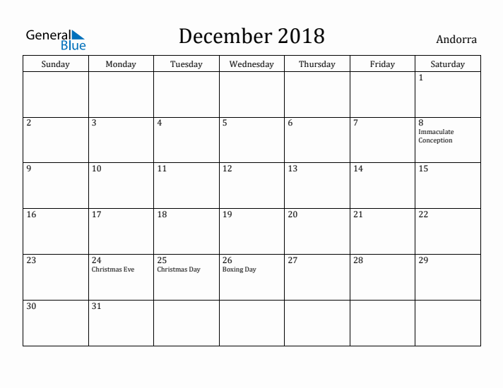 December 2018 Calendar Andorra