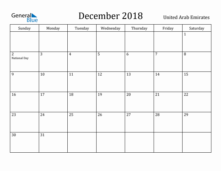 December 2018 Calendar United Arab Emirates
