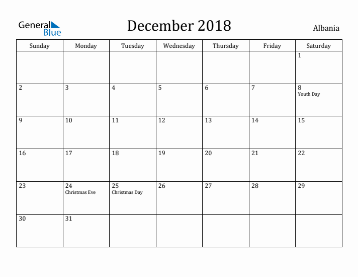 December 2018 Calendar Albania