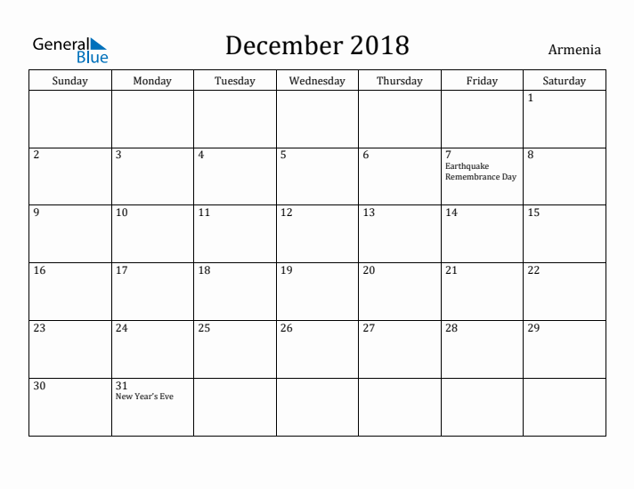 December 2018 Calendar Armenia