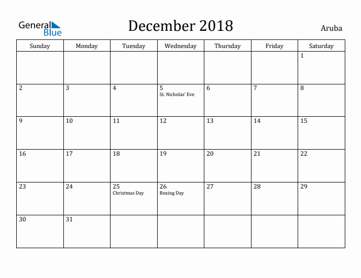 December 2018 Calendar Aruba