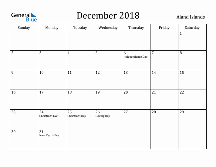 December 2018 Calendar Aland Islands
