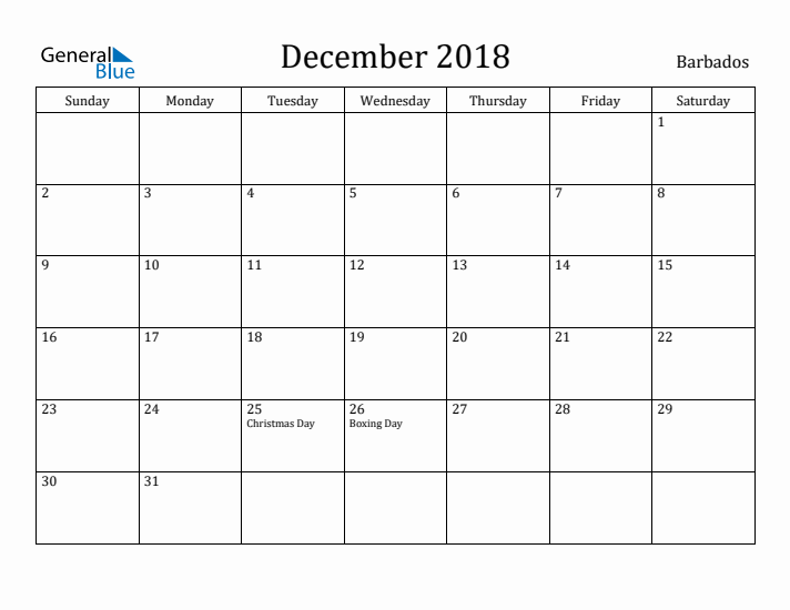 December 2018 Calendar Barbados