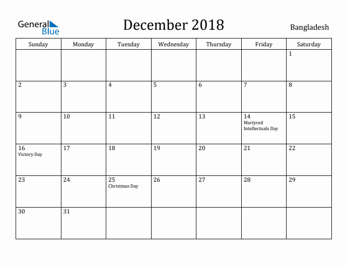 December 2018 Calendar Bangladesh