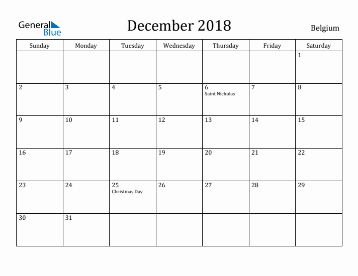 December 2018 Calendar Belgium