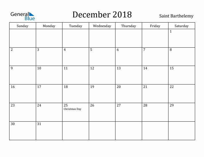 December 2018 Calendar Saint Barthelemy