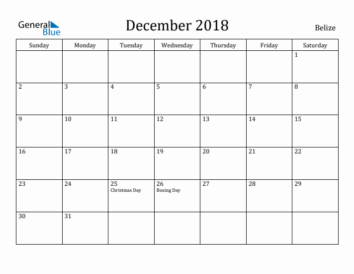 December 2018 Calendar Belize