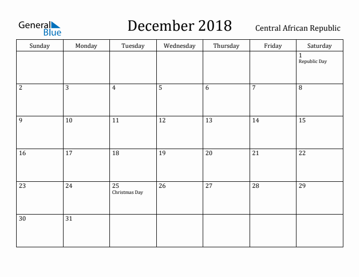 December 2018 Calendar Central African Republic