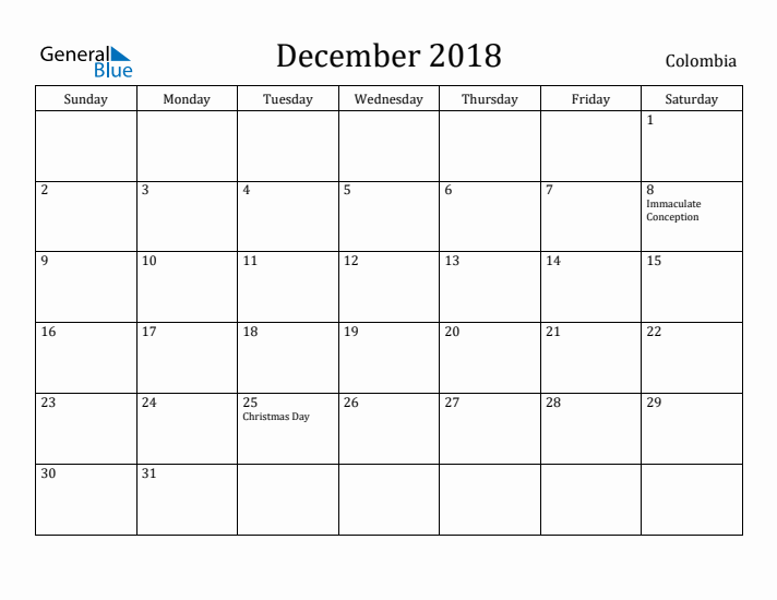 December 2018 Calendar Colombia