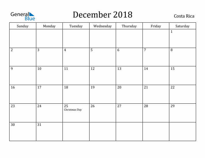 December 2018 Calendar Costa Rica