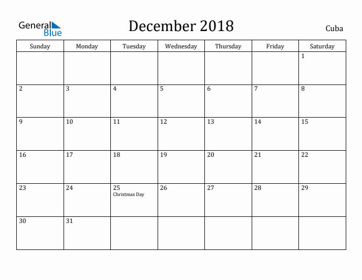 December 2018 Calendar Cuba