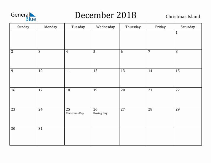 December 2018 Calendar Christmas Island
