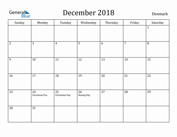 December 2018 Calendar Denmark