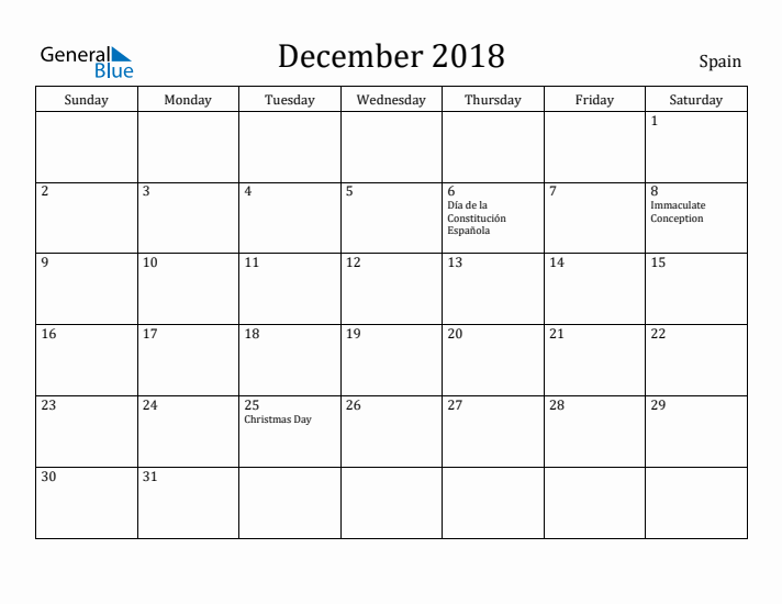 December 2018 Calendar Spain
