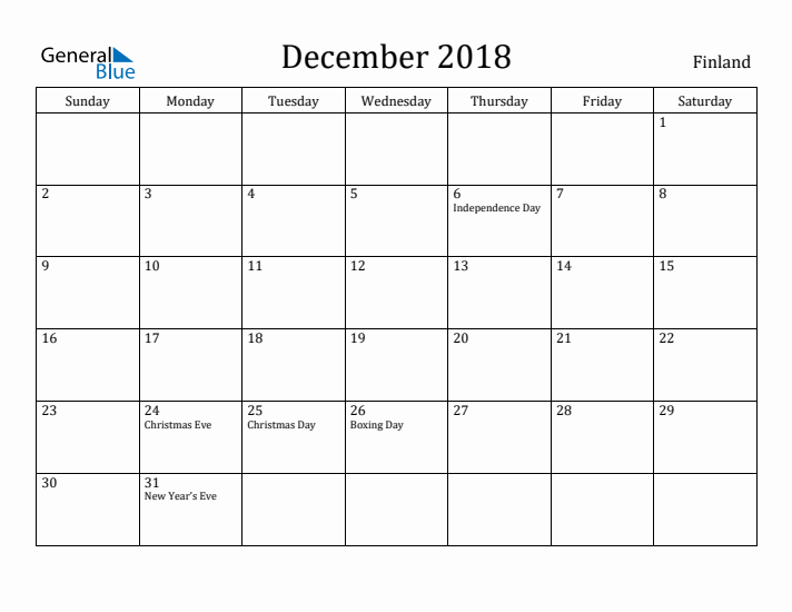 December 2018 Calendar Finland