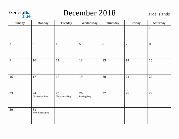 December 2018 Calendar Faroe Islands