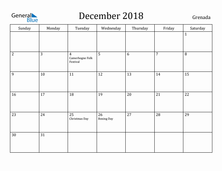December 2018 Calendar Grenada