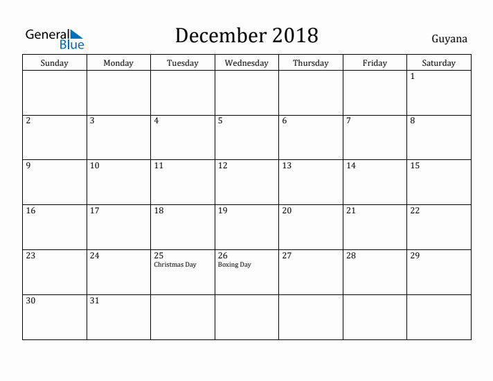 December 2018 Calendar Guyana