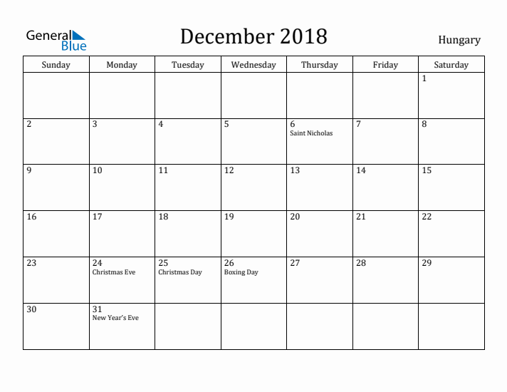 December 2018 Calendar Hungary