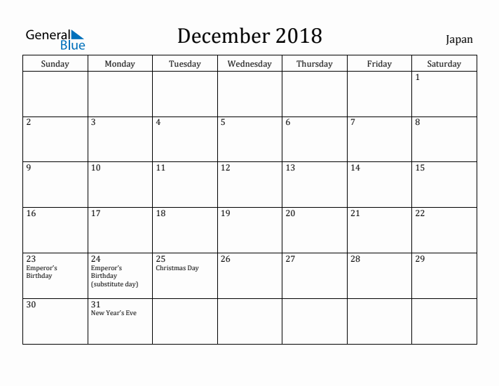 December 2018 Calendar Japan