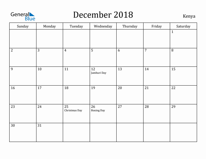 December 2018 Calendar Kenya