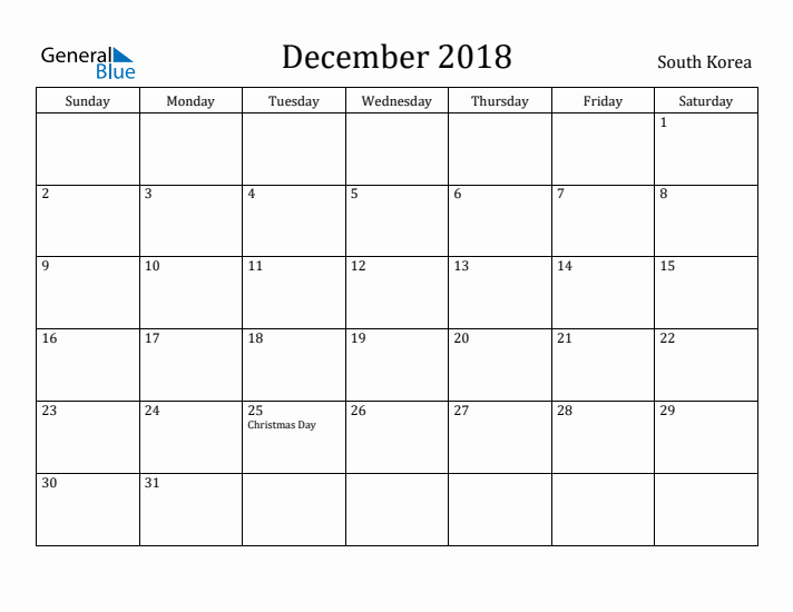December 2018 Calendar South Korea