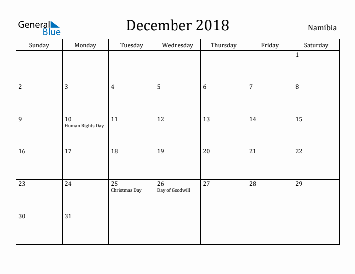 December 2018 Calendar Namibia