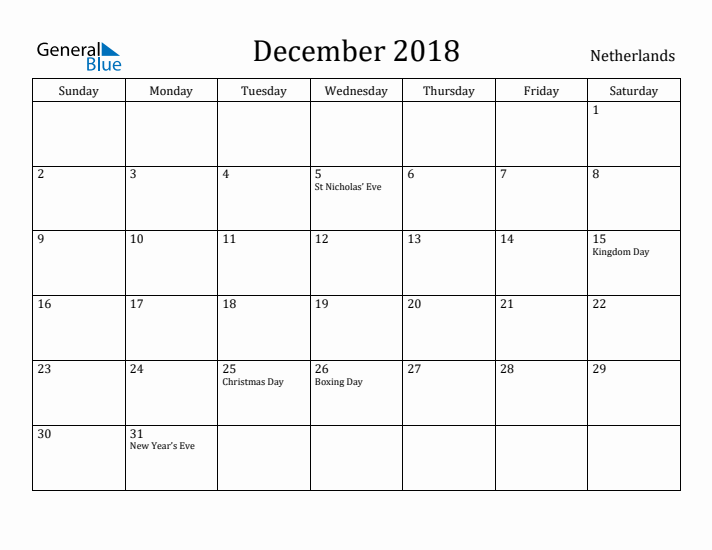 December 2018 Calendar The Netherlands