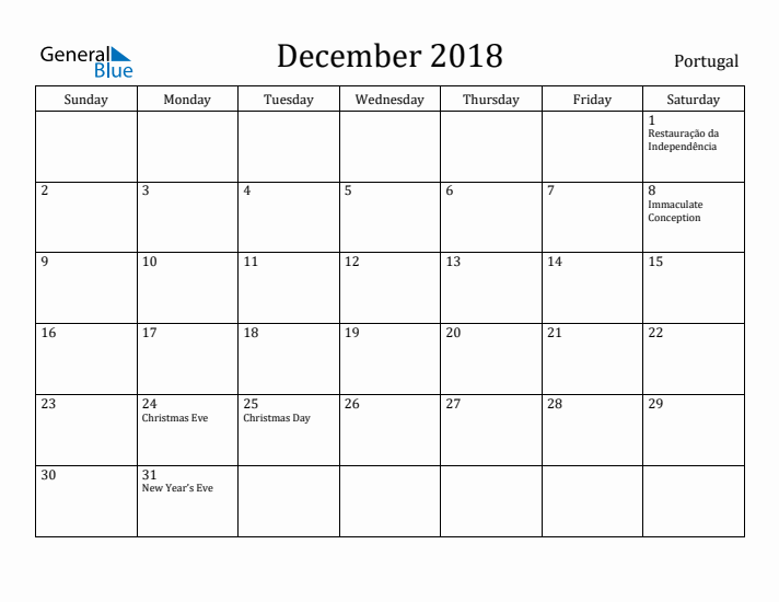 December 2018 Calendar Portugal