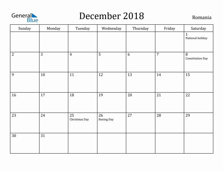 December 2018 Calendar Romania