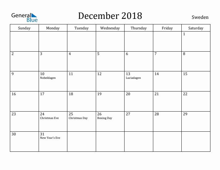 December 2018 Calendar Sweden