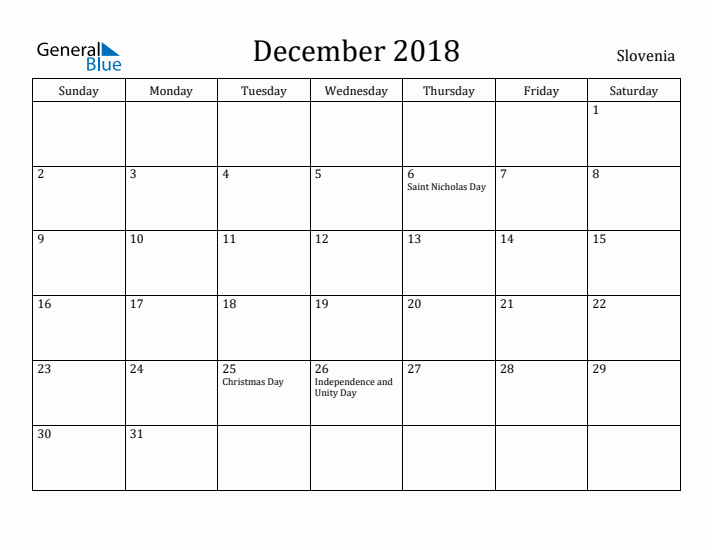 December 2018 Calendar Slovenia