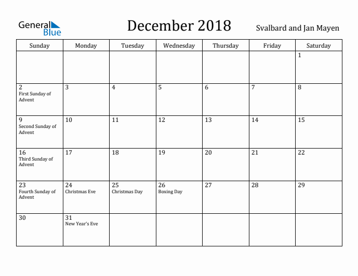 December 2018 Calendar Svalbard and Jan Mayen