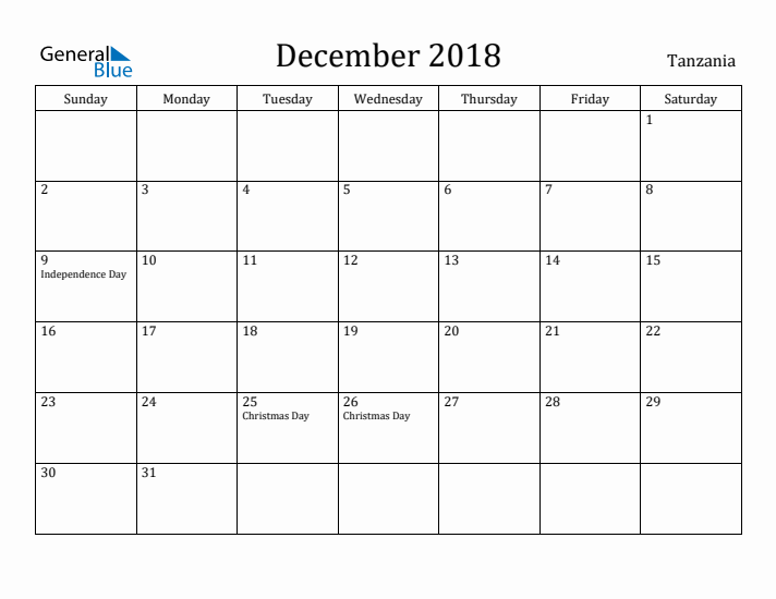 December 2018 Calendar Tanzania