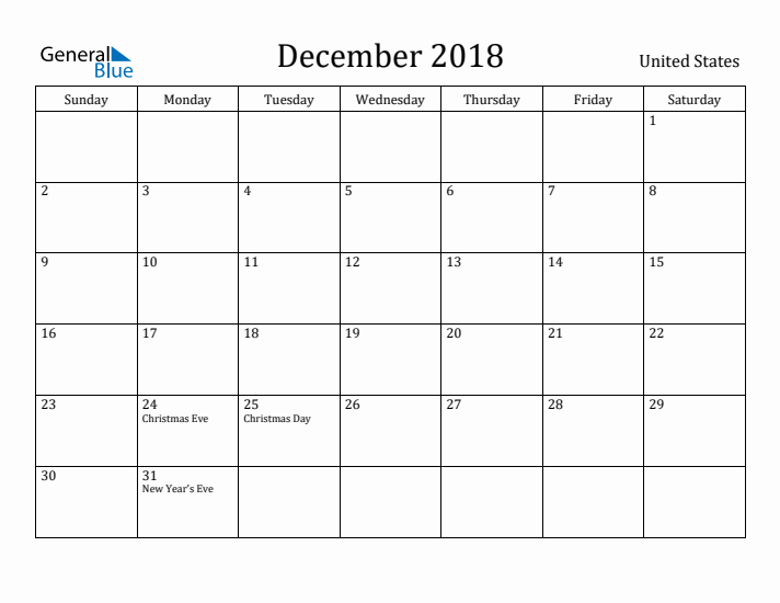 December 2018 Monthly Calendar with United States Holidays